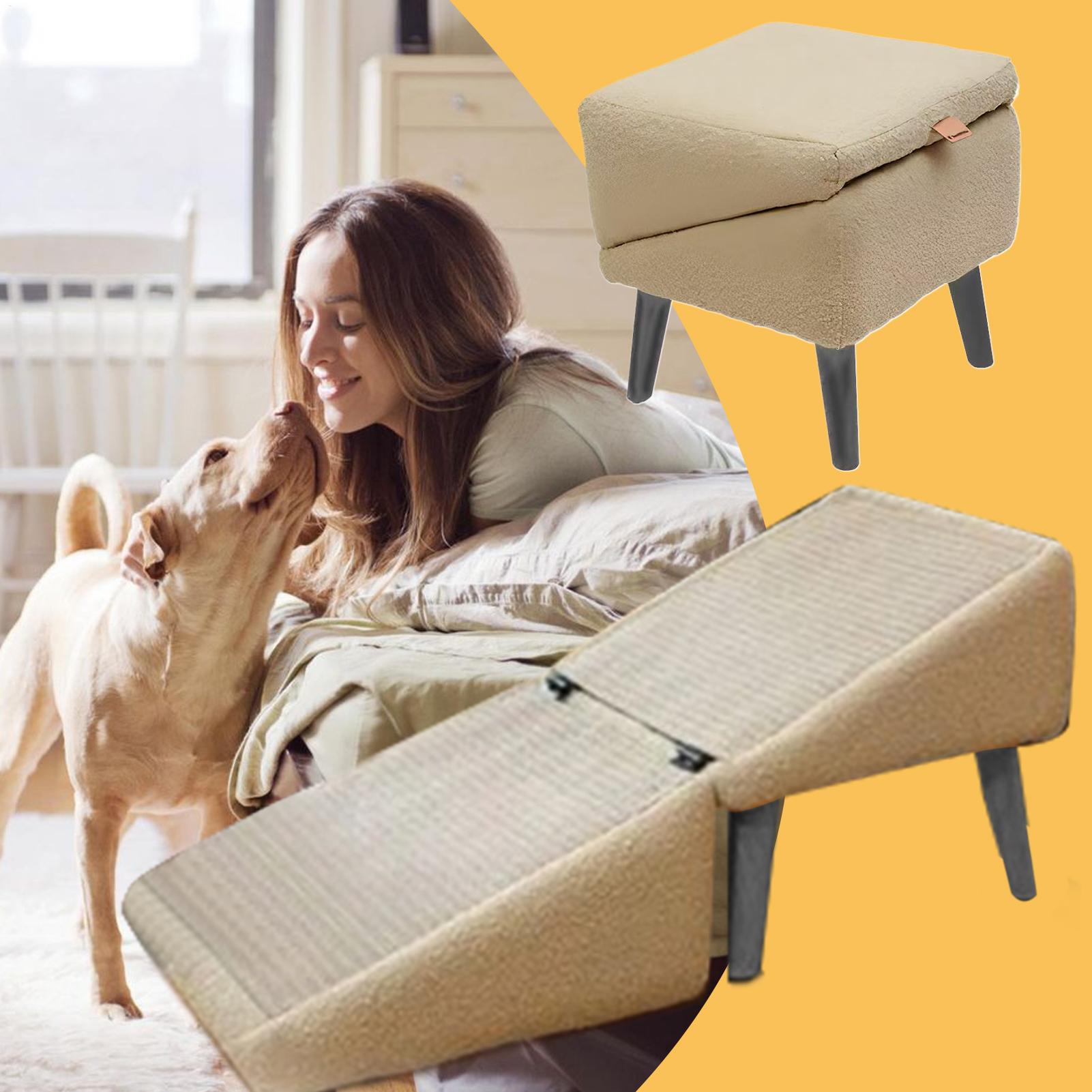 Calming Dog Bed - 多機能折りたたみ式ペット用スロープ、滑り止め付き犬用階段、ベッド＆車用フットレスト、小型犬猫用