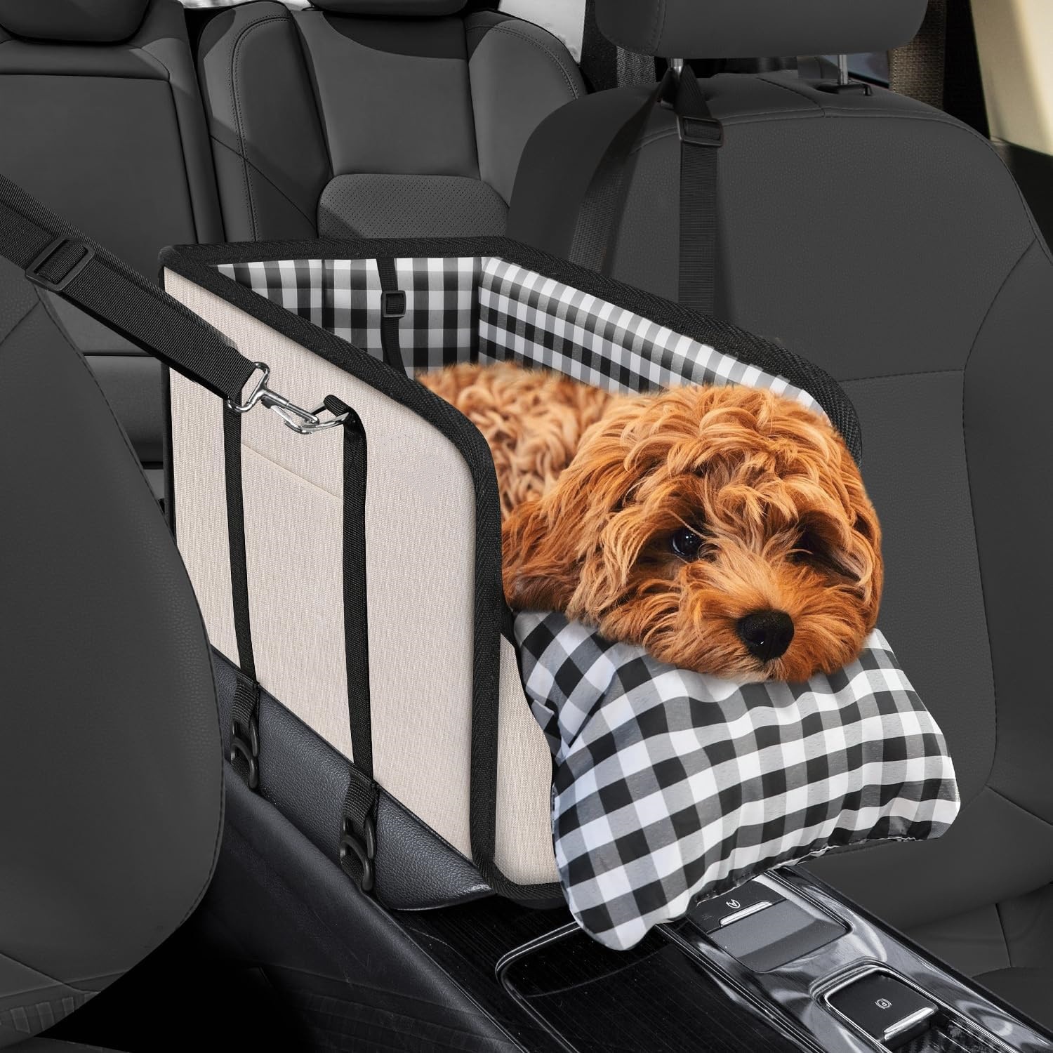 Calming Dog Bed - 車載ペットカーシート 携帯用小型犬用グリッドシート ソフトクッション付き シートベルト 犬用アクセサリー