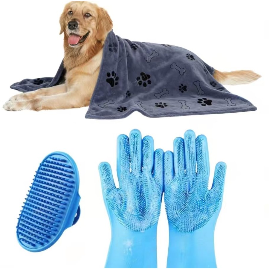 Pet X Supplies & Tack Howell Photos - 3点セット 犬用バス用品、犬用バスブラシ、犬用洗浄用手袋、犬用タオル 40インチ x 23.6インチ、超吸収性で柔らかいペットグルーミングタオル