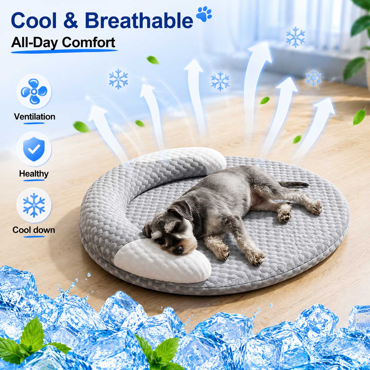 Calming Dog Bed - 夏用アイスシルク冷却犬用ベッド、楕円形、通気性、熱分散、猫用マット、ペット用ベッド、小型犬、中型犬、大型犬、猫用冷却パッド