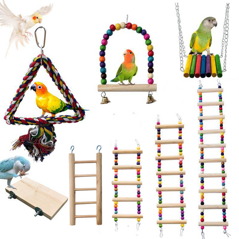 Pet Supplies Ringwood - 木製鳥のおもちゃ小さなオウム咀嚼トレーニングおもちゃ綿ロープスイング吊りリングベル鳥ケージ登山はしごペット用品