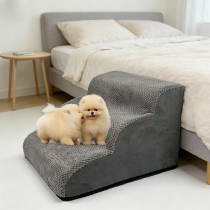 Calming Dog Bed - 2/3/4層の滑り止め取り外し可能なスポンジペット用はしご、小型犬・中型犬用テディソファベッドはしご